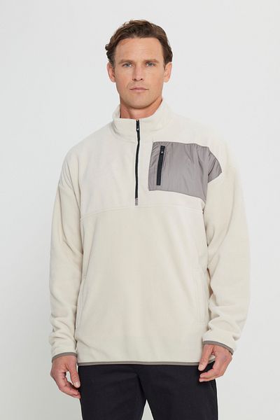 AC&Co / Altınyıldız Classics Men's Beige Oversize Loose Cut Stand-Up Bato Collar Pocket Detailed Zipper Cold-Proof Fleece Sweatshirt
