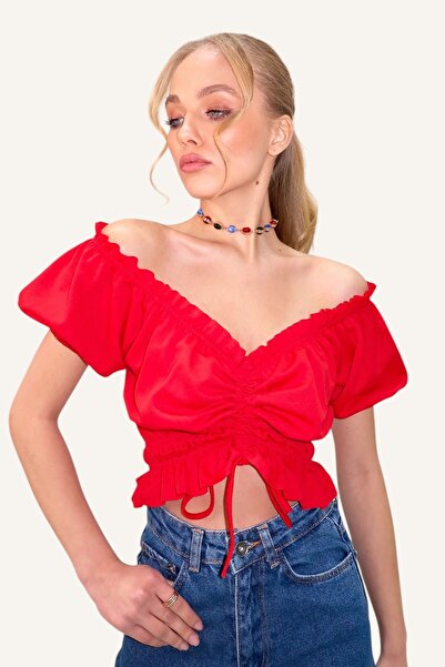 Trend Alaçatı Stili Piros Madonna gallér - Elasztikus derék és ujjak Crop blúz ALC-X8562
