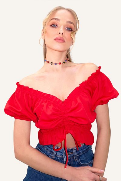 Trend Alaçatı Stili Roter Madonna-Kragen – bauchfreie Bluse mit elastischem Bund und Ärmeln ALC-X8562