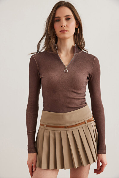 Olalook Dámská omyvatelná hořkohnědá rolák s lycrovým výstřihem na zip BLZ- 19001155