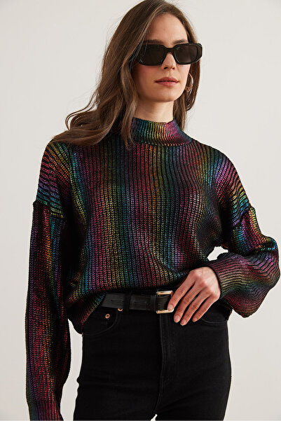 Olalook Kadın Çok Renkli Renkli Sıvamalı Triko Kazak KZK-19000963