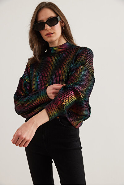 Olalook Kadın Çok Renkli Renkli Sıvamalı Triko Kazak KZK-19000963