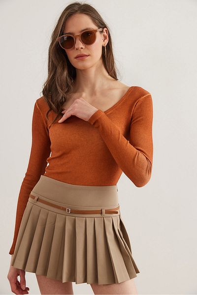 Olalook Women's Washed Tan Wide Neck Camisole Blouse Blz- 19000722