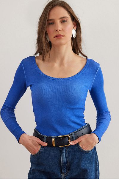 Olalook Women's Washed Saks Blaue Camisole-Bluse mit weitem Kragen BLZ- 19000722