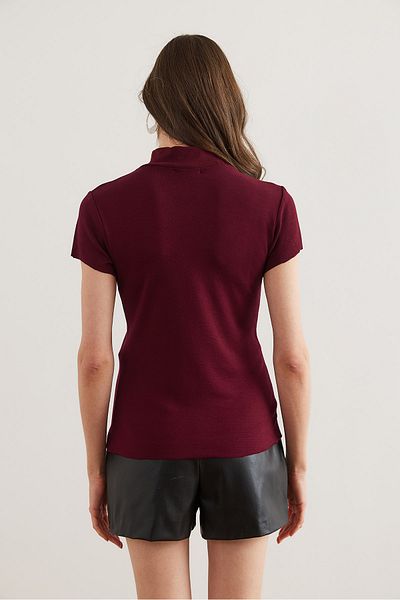 Olalook Tricou flexibil cu textura moale pentru femei, roșu Claret, cu guler în picioare TSH- 19000833