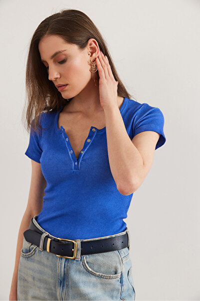 Olalook Синя випрана каскадна жіноча блуза Saks BLZ19000171