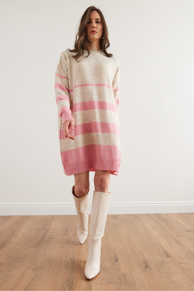 Olalook Women's Stone Pink Six Stripes Soft Textured Knitwear Tunic Dress Elb- 19001984