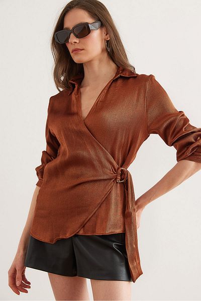 Olalook Women's Bitter Brown Satin Crinkle Flowy Shirt with Side Tie Detail Gml- 19001281