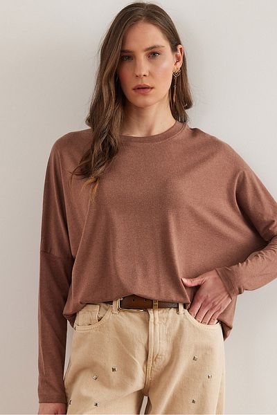 Olalook Women's Milk Coffee Crew Neck Bat Wool Viscose Blouse Blz- 19002801
