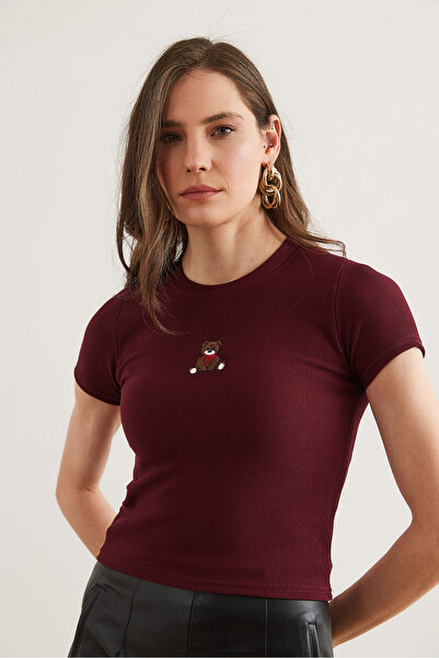 Olalook Damska bordowa, haftowana, prążkowana, rozciągliwa bluzka Blz- 19002824