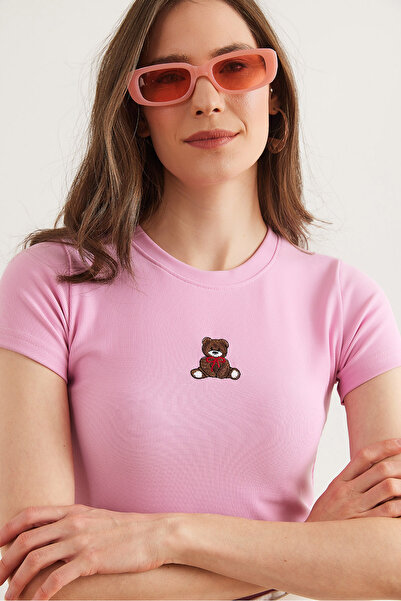 Olalook Γυναικεία καραμέλα ροζ κεντημένη με ραβδώσεις ελαστική μπλούζα BLZ- 19002824