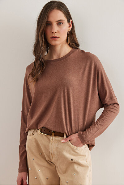 Olalook Kadın Sütlü Kahve Bisiklet Yaka Yarasa Yün Viskon Bluz BLZ-19002801