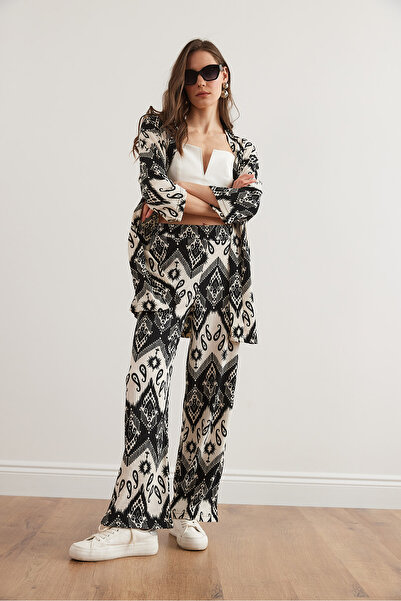 Olalook Costum kimono cu model șal ecru negru pentru femei - TKM- 19000349