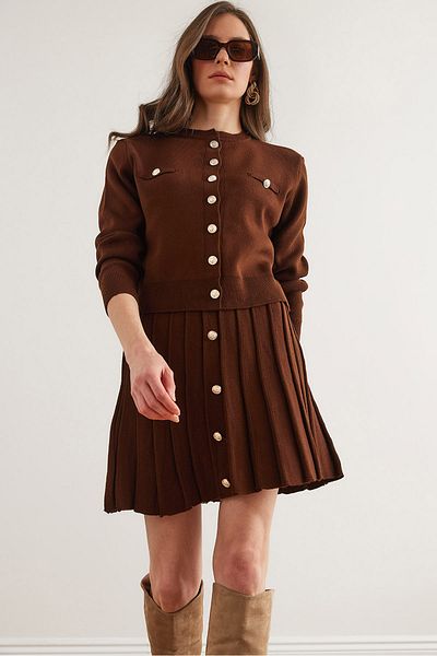 Olalook Bitter Brown Women's Knitwear Set - Button Detailed Cardigan and Pleated Skirt Tkm- 19000332