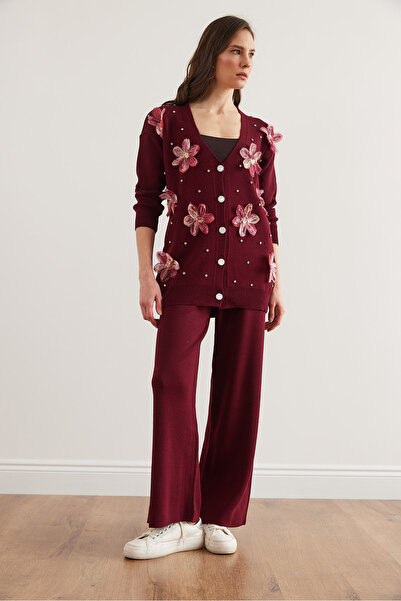 Olalook Women's Burgundy Floral Stone Garnished Bottom Top Knitwear Suit Tkm- 19000345