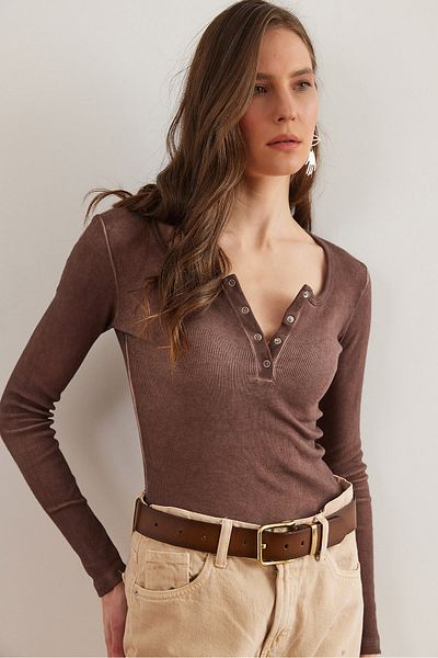 Olalook Bitter Brown Placket Washable Γυναικεία Καμισόλα Μπλούζα - BLZ- 19000588