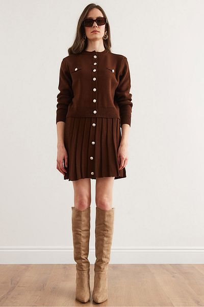 Olalook Bitter Brown Women's Knitwear Set - Button Detailed Cardigan and Pleated Skirt Tkm- 19000332