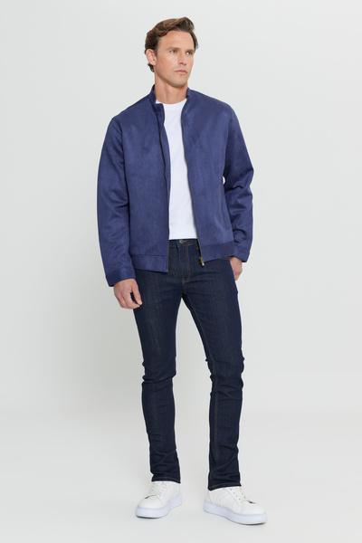 AC&Co / Altınyıldız Classics Men's Suede Jacket Coat - Navy Blue, Standard Fit, Stand Collar