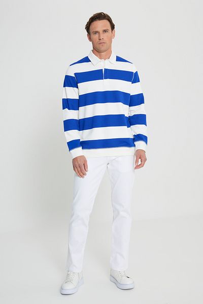 AC&Co / Altınyıldız Classics Ανδρικό Ecru K.blue Standard Εφαρμογή κανονικό φλις φλις εσωτερικά με 3 κλωστές γιακά βαμβακερό