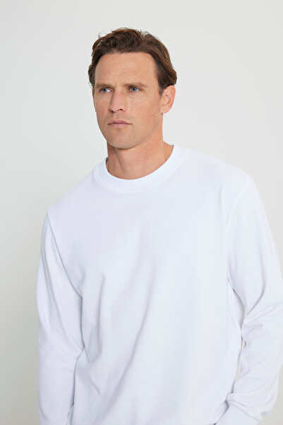 AC&Co / Altınyıldız Classics Bílá bavlněná pánská mikina se 3 vlákny Crew Neck – standardní střih