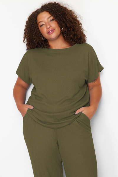 Trendyol Curve Khaki Seasonal T-Shirt and Pants Set - Crew Neck, Wrap Tbbss24Cp00003