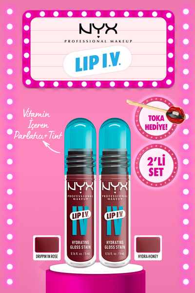 NYX Professional Makeup LIP I.V. Vitamin İçeren Parlatıcı + Tint - 08 Drippin' In Rose & 02 Hydra-Honey Toka Hediyeli Set