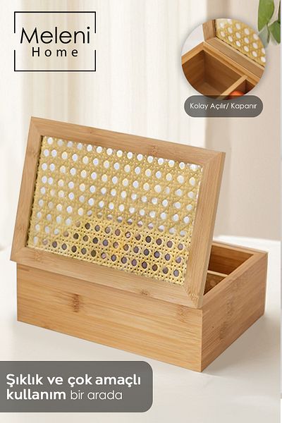 Meleni Home صندوق شاي من الخيزران مكون من 6 حجرات - صندوق تخزين شاي مع غطاء منظم مجوهرات وإكسسوارات