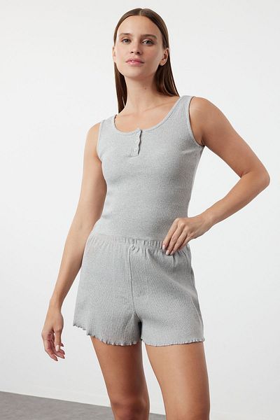 Trendyol Collection Šedý knoflík z melanže Detailní žebrované bavlněné tílko-šortky Pletené pyžamové soupravy THMSS23PT00179