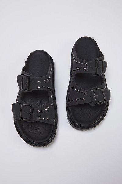 TRENDYOL SHOES Papuci negri cu cataramă dublă cu nituri pentru femei TAKSS25TE00004