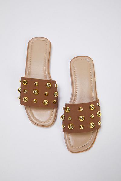 TRENDYOL SHOES Taba Gold Trok Stone Stylish Damen Hausschuhe TAKSS25TE00013