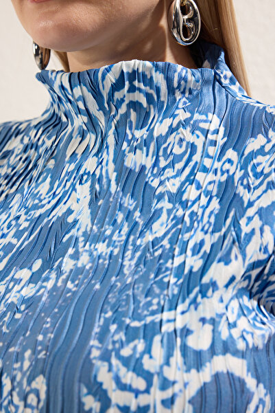 Trendyol Curve Blue Pleated Ethnic Pattern Knitted Plus Size Dress Tbbss25Ah00124