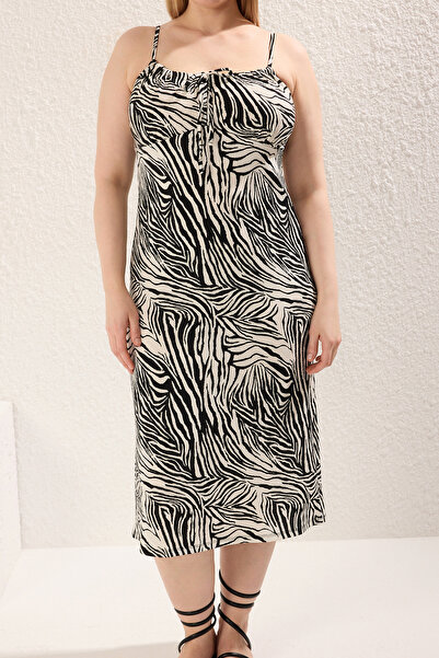 Trendyol Curve Black Animal Print Straps A-Line Knitted Plus Size Dress Tbbss25Ah00093