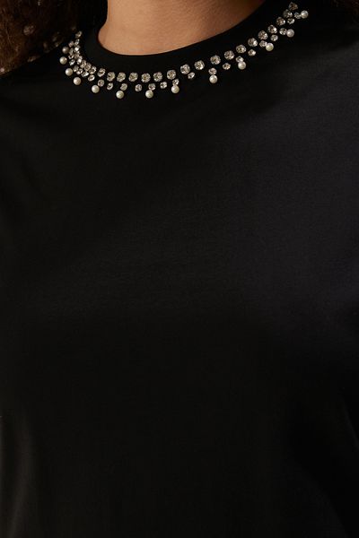 Trendyol Curve Stone Detailed Black Boyfriend Fit nagy méretű póló - 100% pamut TBBSS25BF00021