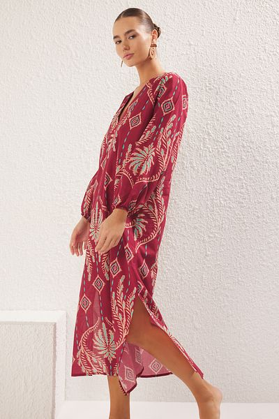 Trendyol Collection Ethnisch gemustertes Maxi-Strandkleid aus 100 % Baumwolle mit Ballonärmeln TBESS25EL00019
