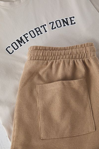 Trendyol Collection Beige Slogan Printed Regular Fit Shorts Pajamas Set - Tmnss25Pt00023
