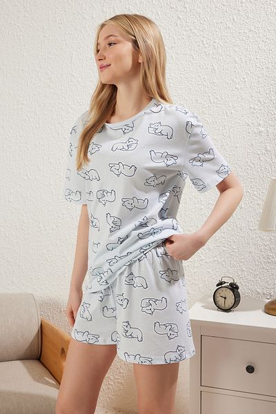 Trendyol Collection Set pijama tricotată pisică albastră 100% bumbac cu pantaloni scurți THMSS25PT00249