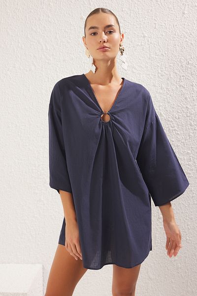 Trendyol Collection Sötétkék mini strandruha szőtt kiegészítőkkel TBESS25EL00067