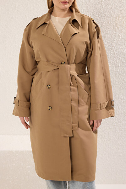 Trendyol Curve Beige Long Oversize Large Size Trench Coat Tbbss25Bm00002