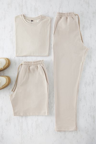 Trendyol Collection 3-teiliges Oversize-T-Shirt, Jogginghose, Shorts aus 100 % Baumwolle TMNSS25EM00001
