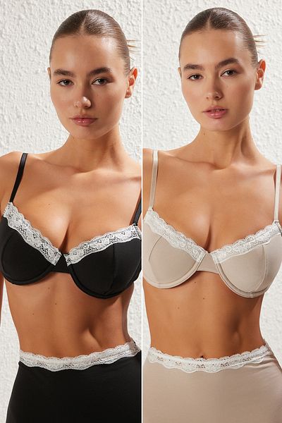 Trendyol Collection Schwarz-Beige 2-teiliges Single-Jersey-Bügel-Spitzen-Detail-T-Shirt mit fester Kappe, Bra-BH THMSS25SU00026