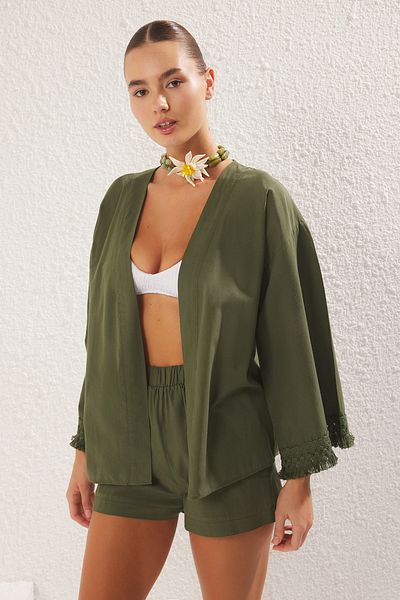 Trendyol Collection Khaki Tassel kimonó rövidnadrág szett TBESS25AU00017