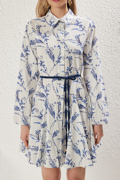 Trendyol Collection White Floral Skirt Waist Opening Mini 100% Cotton Woven Dress Twoss25El00197