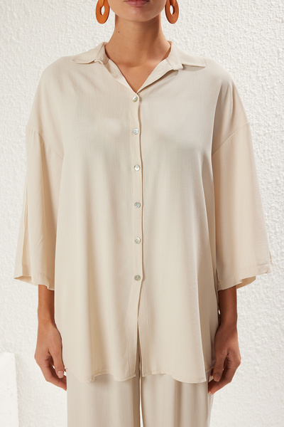 Trendyol Collection Ecru szőtt texturált ing nadrág strand öltöny TBESS25AU00000