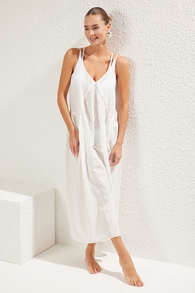 Trendyol Collection Ecru Maxi Woven Beach Dress with Accessories Tbess25El00060