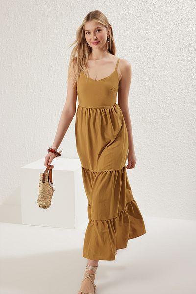 Trendyol Collection Λαδί Πράσινο Απλό Μίντι Υφαντό Φόρεμα TWOSS23EL00027
