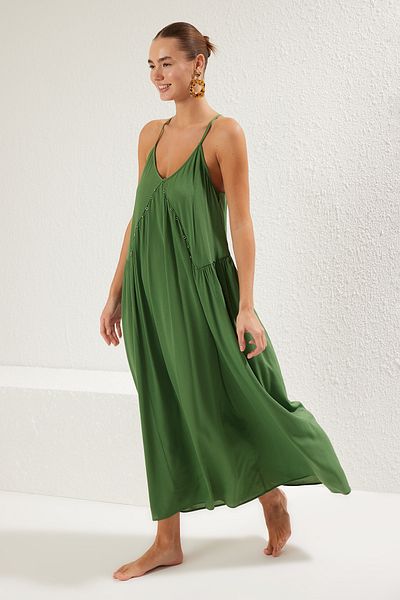 Trendyol Collection Πράσινο Maxi υφαντό φόρεμα παραλίας με αξεσουάρ TBESS25EL00060