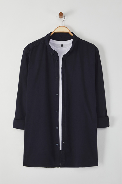 Trendyol Collection Navy Blue Regular Fit Linen Look Large Size Shirt Tmnss24Ax00006