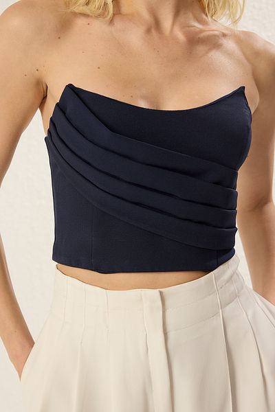 Trendyol Collection Тъмносиньо рипсено бюстие без презрамки - Tprss25Bs00024