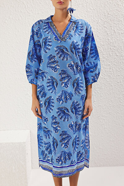 Trendyol Collection Underwater Patterned Wide Fit Midi Woven 100% Cotton Beach Dress TBESS22EL0009
