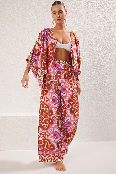 Trendyol Collection Denevér ujjú etnikai mintás ing és nadrág strandruha - TBESS25AU00003